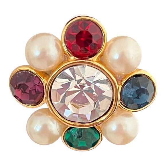 Vintage Designer Earrings Jewel Tone Crystals Gold Tone Simulated Pearls Clip 7N - Picture 4 of 4
